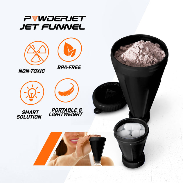 Powder Jet 4 Keychain PowderJets Mini Protein Powder Funnel, To-Go Supplement Container, Workout Powder Device, Portable Bottle Funnel, All Black Pack